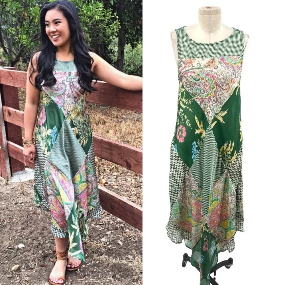 Anthropologie Tiny Trouvaille Slip Dress Midi Scarf Paisley Print Green‎ Size XS